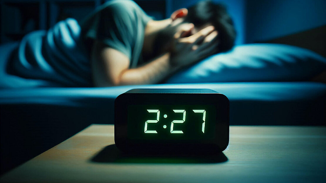 Ein digitaler Wecker zeigt 2:27 Uhr in leuchtend grünen Ziffern. Im Hintergrund liegt eine Person im Bett, die sich die Hände an den Kopf hält, offensichtlich gestresst oder besorgt, was auf Schlafprobleme hindeutet.